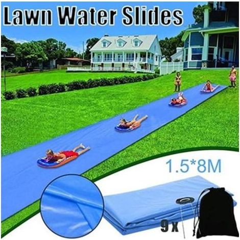 Toboggan aquatique 8 mètres – Tapis de glisse en PVC épais – Pour enfants et adultes – Installation facile sur pelouse (1/4)