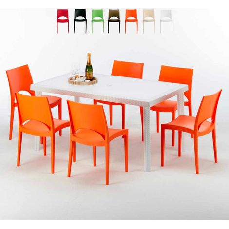Grand Soleil – Ensemble table rectangulaire blanche 150x90cm avec 6 chaises empilables – Poly rotin résistant aux intempéries – Design Made in Italy