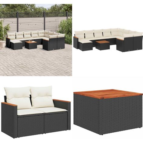 Salon de jardin 11 pcs avec coussins noir résine tressée - Ensemble Salon De Jardin - Mobilier De Jardin - Canapé Extérieur - Set De Salon - Chaise Longue - Home & Living