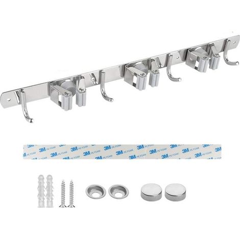 Porte Balai Mural, Acier Inoxydable, Porte Balai Adhésif avec Crochet, Armoire à Balai Multifonctionnelle pour Cuisine, Jardin, Salle de Bains, Garage, Balcon, Bureau (1/5)