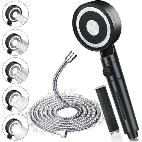 Cabezal de ducha, Ducha de lluvia, Cabezal de ducha de alta presión con manguera de acero inoxidable 304 de 1,5 m, antical, cromo/negro (1/4)