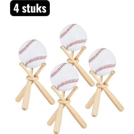 Lot de 4 supports décoratifs pour balles avec mini batte de baseball en bois et anneaux en bois massif pour baseball golf et décoration marron (1/5)