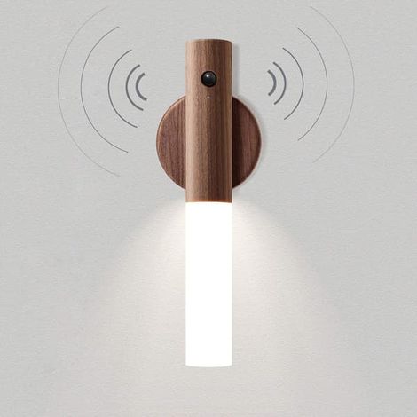 Applique murale sans fil LED en bois avec batterie, applique intérieure avec détecteur de mouvement, fonctionne sur batterie, rechargeable par USB, magnétique, blanc chaud noyer (1/5)