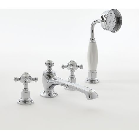 Milano Elizabeth Deck Mounted 4 Tap Hole Bath Shower Mixer Tap - Chrome & White (Crosshead Handles) (1/5)