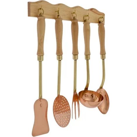 Utensilios de cocina - juego con soporte de madera, de 5 piezas, cobre