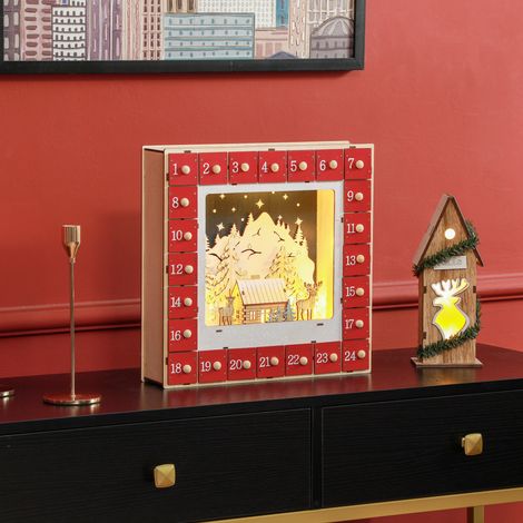 Calendario dell'Avvento da riempire con 24 cassetti in MDF rosso con luci LED 34 x 7 x 34 cm (1/5)