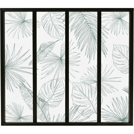 Verrière atelier intérieure aluminium noir 4 vitrages 135 x 117 cm - Décor végétal - Lamnar Vert - vert et transparent - Verre trempé (1/5)