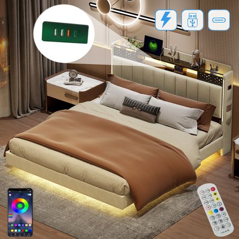 Lit double 160x200 cm, avec éclairage LED, tête de lit de rangement, USB-A/C charge, sommier à lattes en bois, cadre en métal, lit capitonné en lin - Beige (1/5)