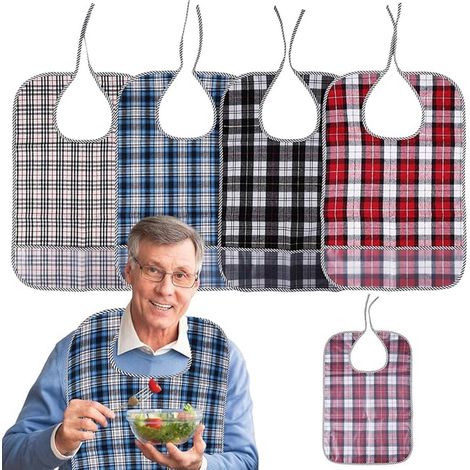 Lot de 4 bavoirs lavables pour adultes 50 x 38 cm – imperméables, motif carreaux, poche intégrée, pour personnes âgées handicapées, protection vêtements