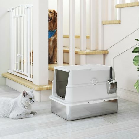 Litière pour chat fermée en acier inoxydable XL, avec pelle, gris clair HAVRYA (1/5)