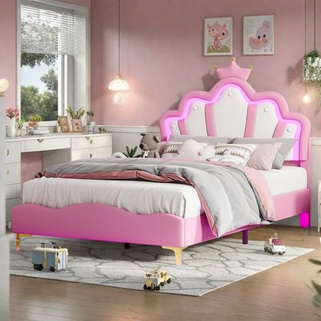 Lit enfant 140x190cm, lit double 140x190 cm, lit princesse, lit fille avec LED, tête de lit en forme de couronne, réglable hauteur (1/5)