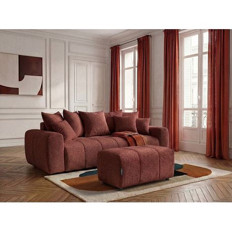 BOBOCHIC - Canapé droit 3 places convertible ROXELANE tissu bouclette avec pouf Rouge