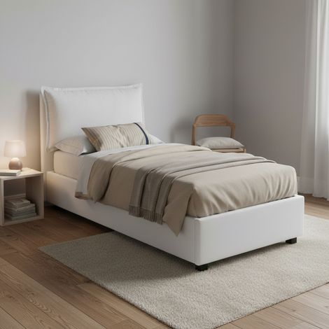 Dmora - Cama individual Dasenci, Cama contenedor con revestimiento de tela, 100% Made in Italy, Apertura frontal, adecuado para colchón Cm 90x200, Blanco (1/5)