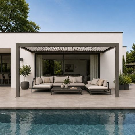 Pergola Bioclimatique Aluminium Adossée Motorisée Éclairée 4x3,5 Gris SV ORIAL France (1/5)