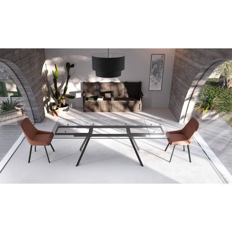 Tavolo Allungabile Smokey con Top in Vetro Temperato Trasparente, Struttura in Metallo Nero, Design Moderno 160/240 cm - Smokey (1/3)