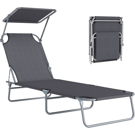 Transat pliable et confortable avec dossier multi-réglable et pare-soleil ajustable, dimensions : 187 x 58 x 36 cm (L x l x H), gris