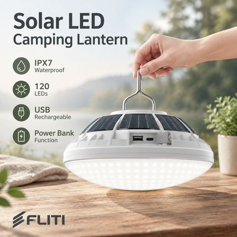 Lampe Camping Solaire LED Rechargeable USB Télécommande 120 LEDs IPX7 Étanche Power Bank Randonnée Urgence (1/5)