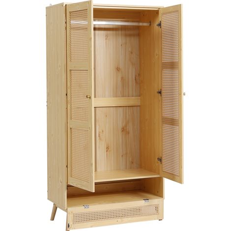 Armoire 2 portes avec penderie, panneaux en rattan PE et panneaux de particules, naturel, 90x45x183 cm (1/5)