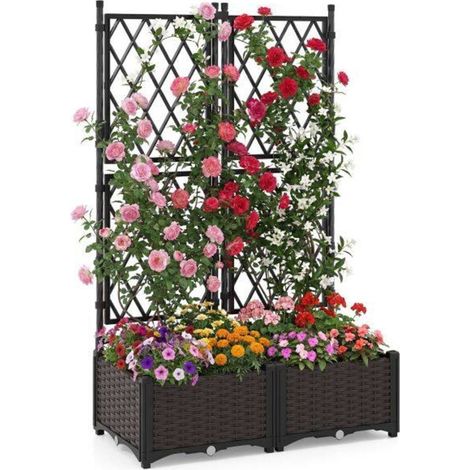 Amateurs de Jardinage Bac à Fleurs avec Treillage Montage Sans Outil Réservoir d'Eau et Trous de Drainage Lot de 2 (1/5)