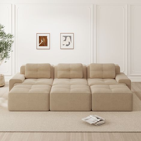 Divano angolare modulare 3 posti, con 3 poggiapiedi - Configurazione angolare, ultra comodo in velluto scanalato - Beige (1/5)