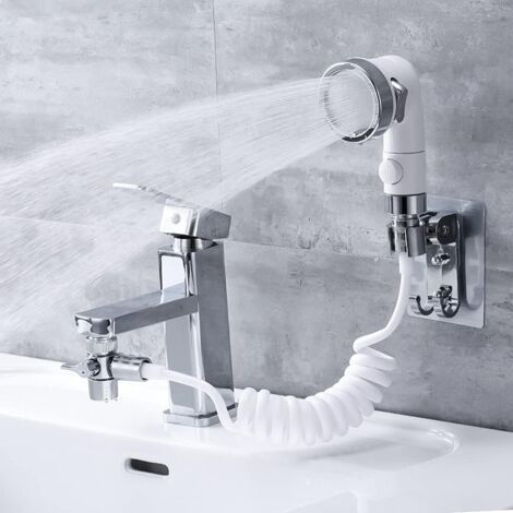 Kit de Douchette Lavabo Cuvette, Trois Jets Disponibles Pommeau de Douche de Robinet avec 1.5m de Tuyau Télescopique, Pratique pour le Salle de bain et la Cusine (Robinet pas Inclu) (1/4)