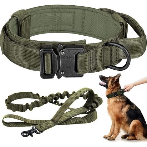 Ensemble laisse militaire robuste réglable et collier tactique avec poignée et boucle en métal pour chiens de taille moyenne et grande (L, vert) (1/4)