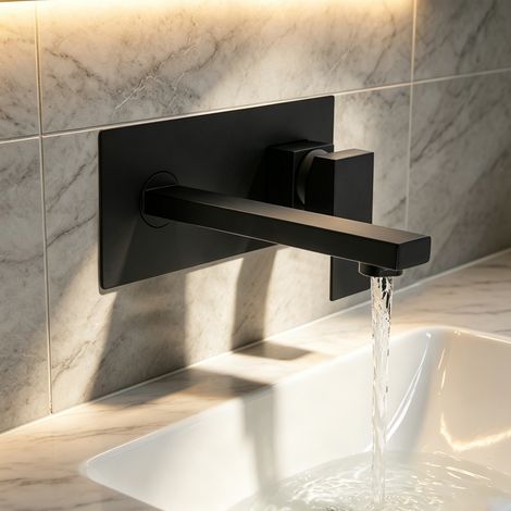 Mitigeur de lavabo encastré noir – 1 poignée – Robinet monocommande mural en cuivre – Aérateur anti-éclaboussures – G1/2 – Cartouche céramique (1/5)