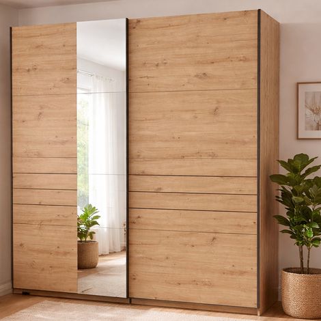 Armario Grande Spartano, Perchero Dormitorio, 2 Estantes, Puerta Corredera, 220x217,5 cm Marrón Roble Nudos (1/5)