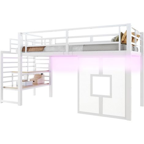 Lit mezzanine mi-hauteur 90x200 cm avec escalier de rangement, led, fenêtres, garde-corps, blanc (1/5)