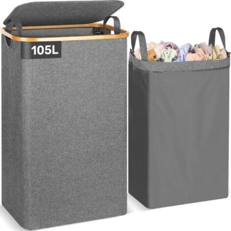 Laundry basket with lid 105L foldable laundry hamper with removable laundry bag bamboo laundry basket laundry bin Laundry baskets Grey (1/5)
