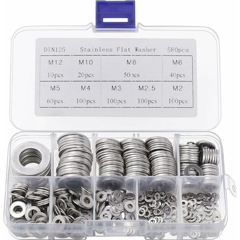 Rondelle Inox avec Boîte de Rangement (Lot de 580) - Assortiment de 9 Tailles M2, M2.5, M3, M4, M5, M6, M8, M10 & M12 - Lot de Rondelles Métal - Réparations, Usines & Décoration Intérieure (1/5)