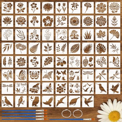 70 pièces Animaux Plantes Pochoirs pour bricolage, Pochoirs réutilisables pour peinture, Pochoir pour dessin de fleurs, feuilles et insectes avec pinceau pour bricolage, tissu cartes murs (1/5)