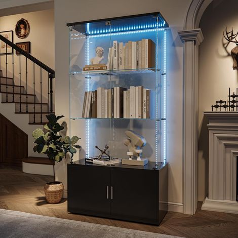 Glasvitrine mit LED, 4 Ebenen, gehärtetes Glas, Stauraum, freistehend, schwarz (1/5)