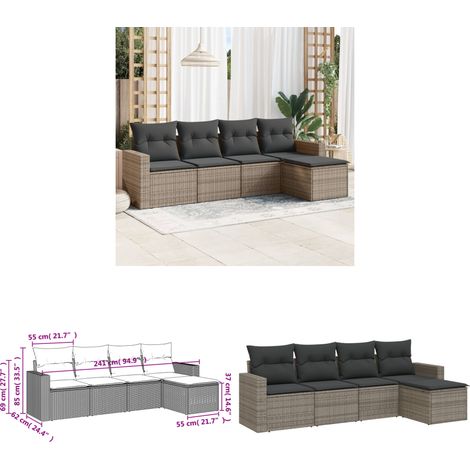 Salon de jardin 5 pcs avec coussins gris résine tressée - Ensemble Salon De Jardin - Canapé Extérieur - Mobilier De Jardin - Résine Tressée - Fauteuil Jardin - Home & Living (1/3)