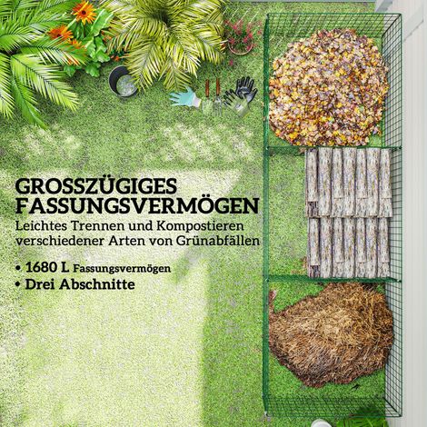 Composteur 1680 L, 270 x 90 x 70 cm, kit de 3 composteurs rapides en acier, vert résistant aux intempéries (1/4)