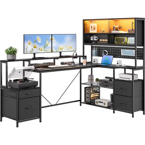 Bureau d'ordinateur en forme L - Table de jeu en forme de L - 4 Tiroirs et 2 casier - 3 prises et 2 ports USB - support d'imprimante - Lumière LED réglable - 190×117×153cm - Noir