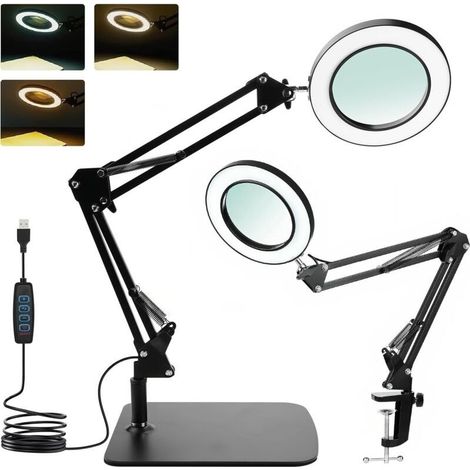 comeder 15-fache Vergrößerungslupe mit Licht und Stativ – Verstellbarer Arm, 3 Farbmodi, dimmbare LED, Freihändige Klemme zum Lesen, Basteln, Nähen und für Hobbys (15x) (1/4)