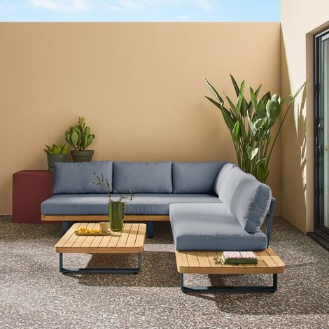 Salon de jardin d'angle bois d'acacia et aluminium 5 places gris - Acalia