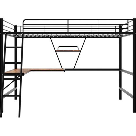 Lit mezzanine métal 90 x 200 cm noir avec bureau L et étagère (1/5)