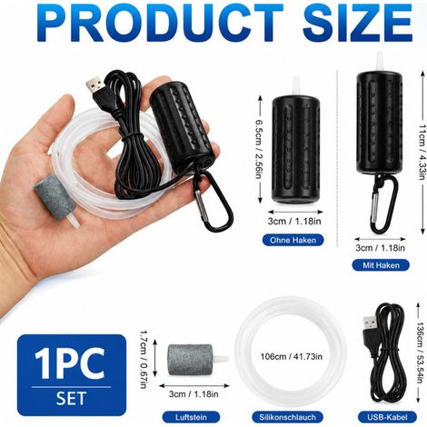 Pompe à Air d'Aquarium Portable USB Mini Pompe Oxygène Silencieuse avec Diffuseur d'Air et Tuyau en Silicone pour Aquarium Bassin et Pêche