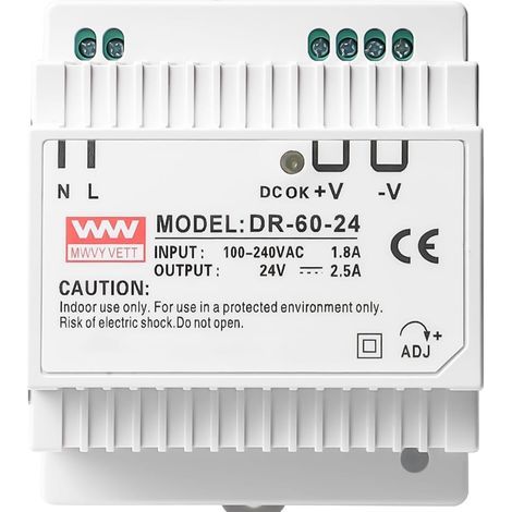 Alimentation sur rail DIN 60 W : 24 V, 2,5 A, tension de sortie réglable, alimentation à découpage, adaptée à une utilisation industrielle et à l’automatisation industrielle.-NANOTEH (1/5)