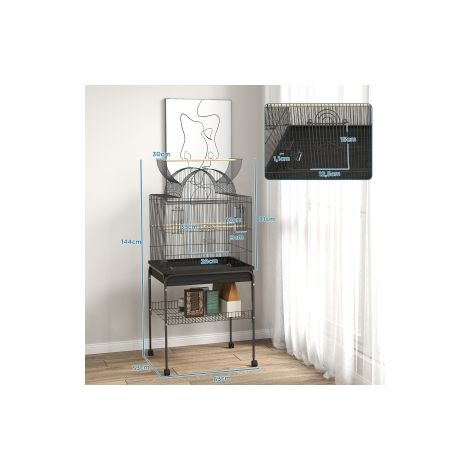 Grande cage à oiseaux noire en acier avec bac amovible, étagère, mangeoire et roulettes pour salon, maison et véranda (1/5)