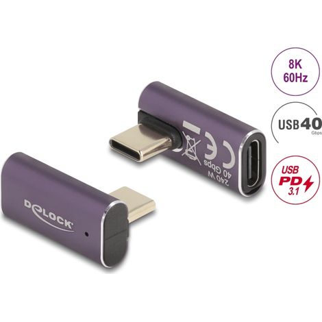 Delock USB Adaptador 40 Gbps USB Type-Câ¢ PD 3.1 240 W macho a puerto hembra girado sesgado hacia la izquierda y hacia la derecha 8K 60 Hz metal