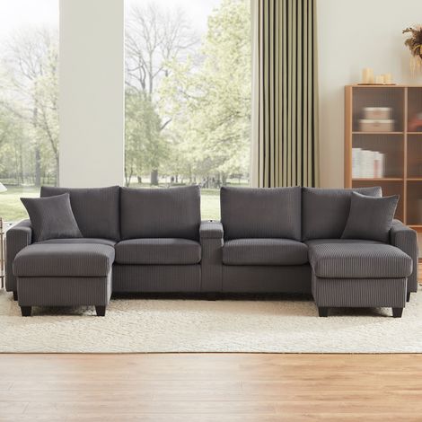 Canapé en velours côtelé en U avec 2 poufs, lampe de lecture, tablette rabattable, porte-gobelets et USB/Type-C, LED décoratives, Gris, 334x128.5x81 cm (1/5)