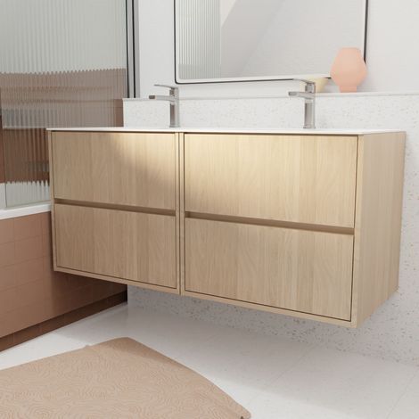 pack meuble salle de bains 120 cm chêne clair, 4 tiroirs avec vasque céramique - xenos (1/5)