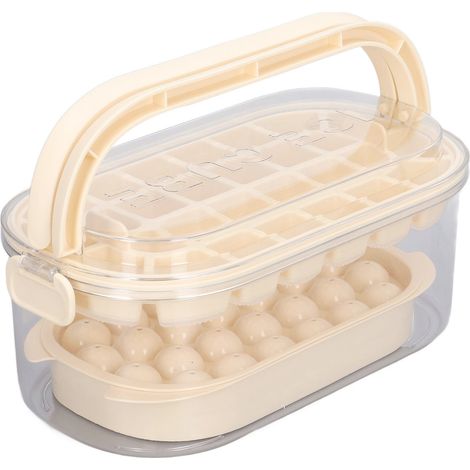 Lot de 2 bacs à glaçons ronds et carrés, avec couvercle et bac de rangement, moules pour congélateur, 54 glaçons, base souple, beige, 2 étages (1/5)