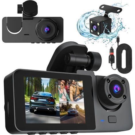 Haiaveng Dashcam 3 canaux (avant, arrière et intérieur) enregistreur vidéo embarqué HD 1080P avec boucle et détection de mouvement (1/5)
