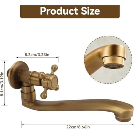Robinet extérieur, robinet de jardin antique à bec allongé, robinet d'eau froide simple en cuivre mural pour jardin, patio (boîte ronde) (1/5)