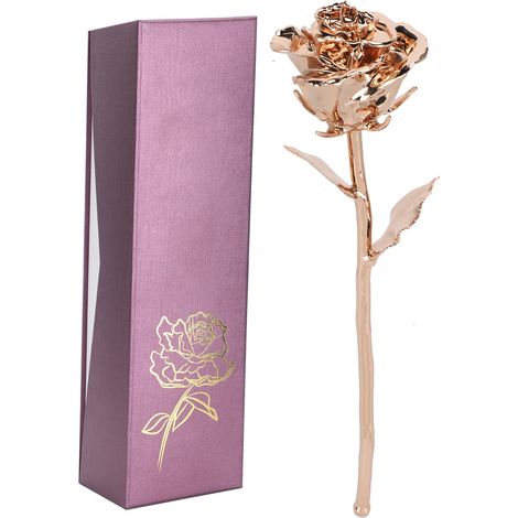 Langstielige Rose als Geschenk, künstliche Blume aus 24-karätigem Echtgold mit Blatt, handgefertigte Kollektion, Roségold (1/5)