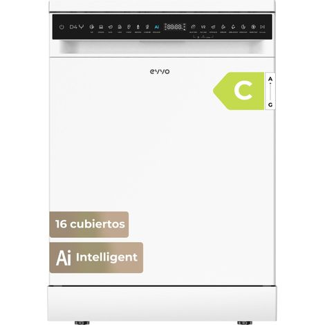 Lavavajillas EVVO D4Y, 16 Cubiertos, Libre Instalación, 8 Programas, Extra Silent, Blanco